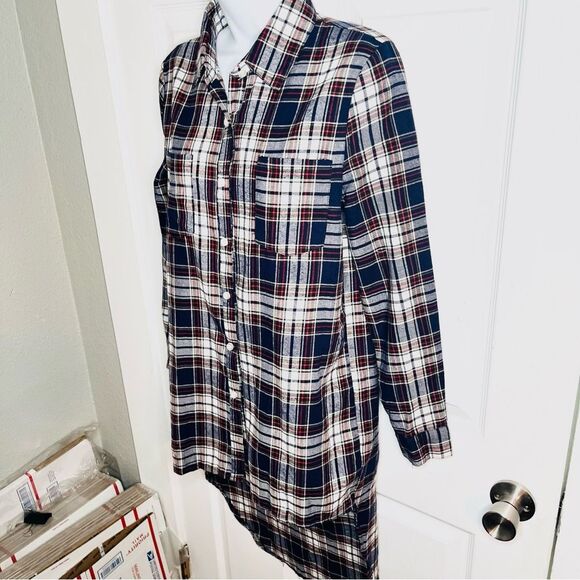 Say What? High Low Cotton Plaid Flannel Shirt Button Down Tunic Blue Red MJ NWT - Picture 4 of 11